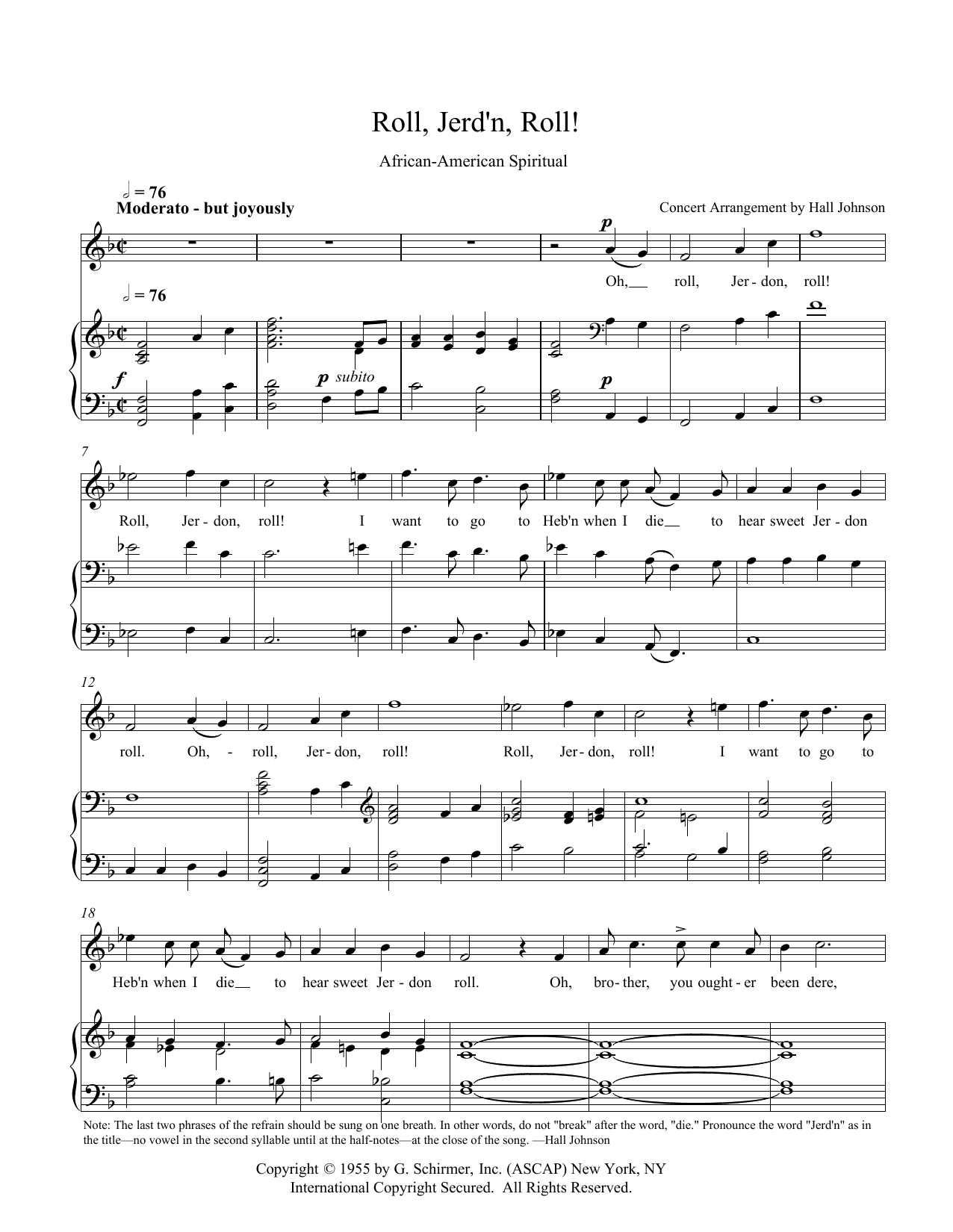Hall Johnson Roll, Jordan Roll (F) Sheet Music Notes & Chords for Piano & Vocal - Download or Print PDF