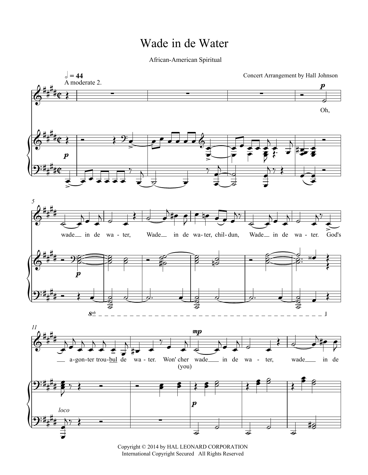 Hall Johnson Wade in de Water (C-sharp minor) Sheet Music Notes & Chords for Piano & Vocal - Download or Print PDF