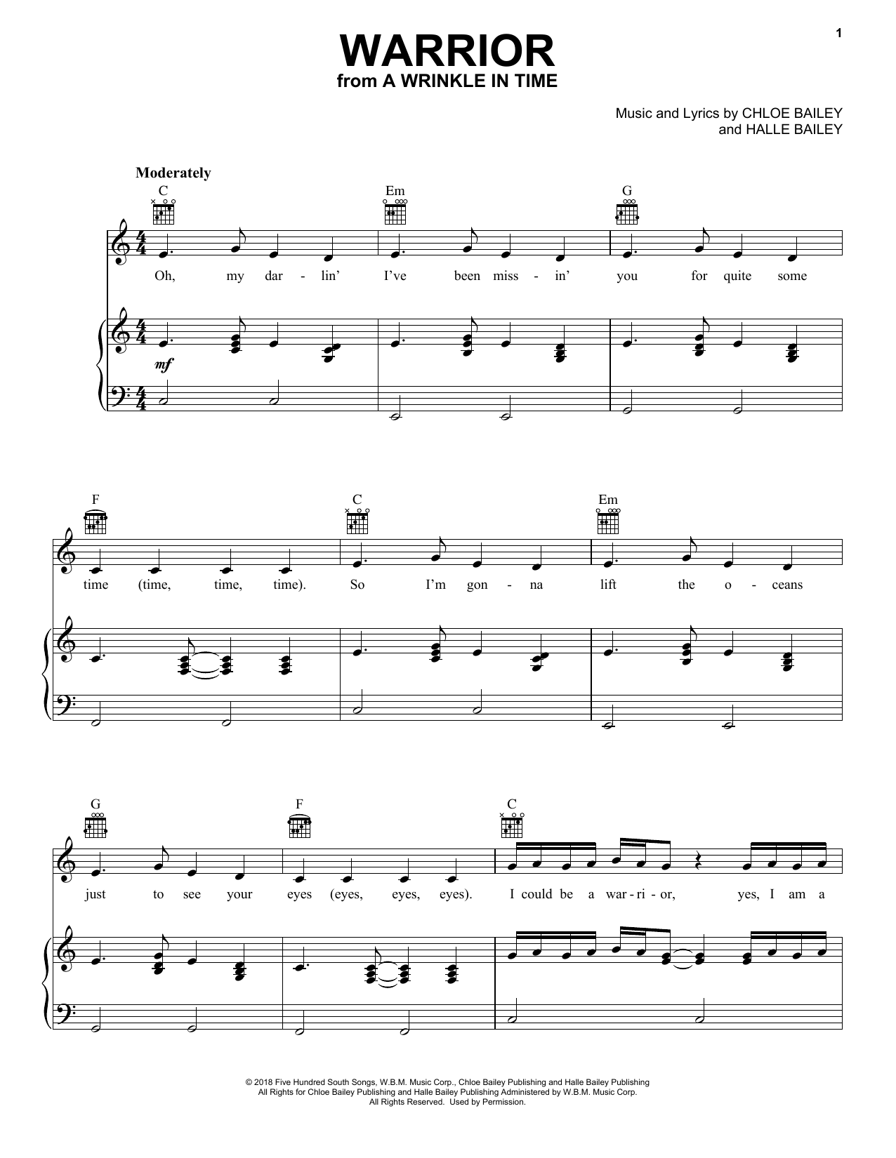 Halle Bailey Warrior (from A Wrinkle In Time) Sheet Music Notes & Chords for Piano, Vocal & Guitar (Right-Hand Melody) - Download or Print PDF