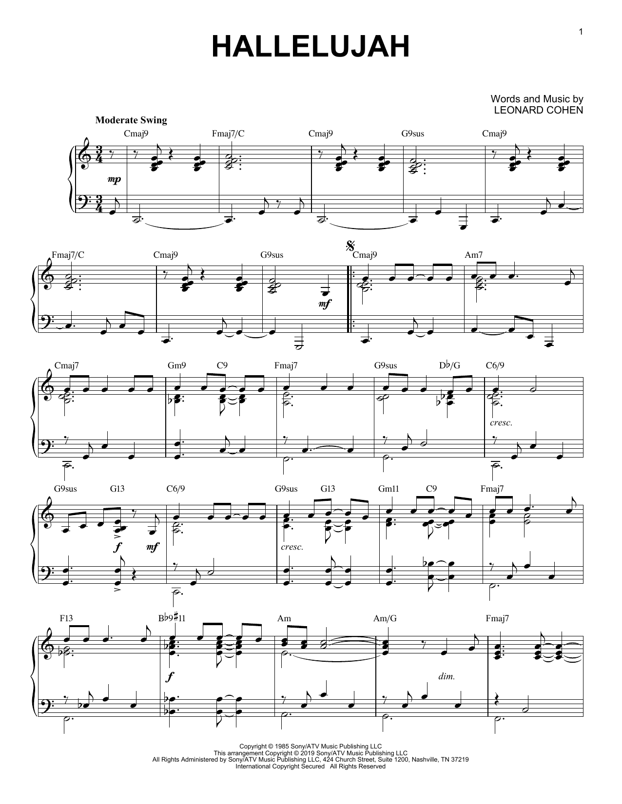 Leonard Cohen Hallelujah Jazz Version Sheet Music Download Pdf Score 431804