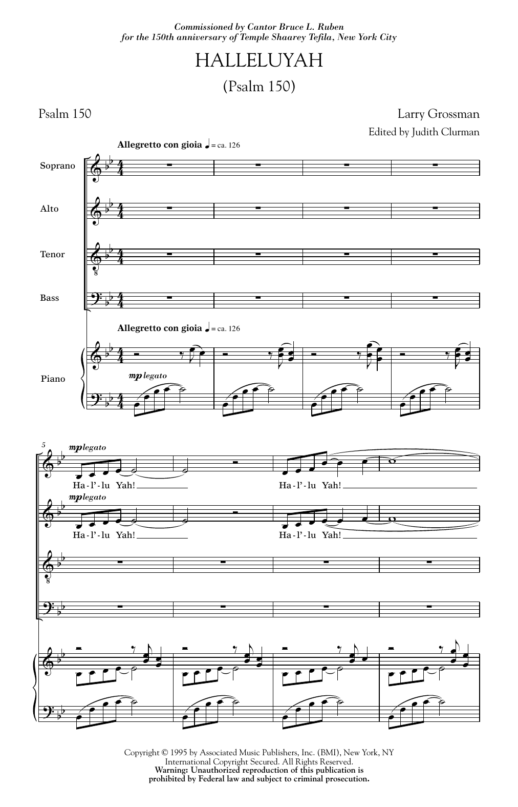 Preview Larry Grossman Halleluyah (Psalm 150) Concert sheet music, notes and chords for SATB, SKU: 177446 Halleluyah (Psalm 150) sheet music