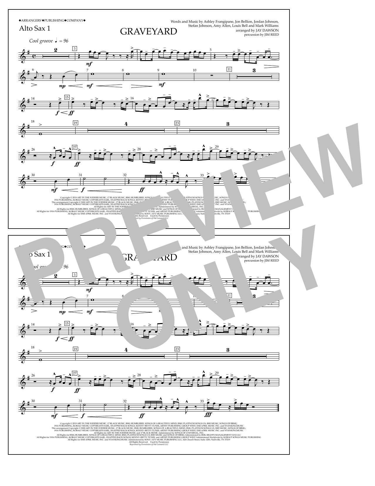 Halsey Graveyard (arr. Jay Dawson) - Alto Sax 1 Sheet Music Notes & Chords for Marching Band - Download or Print PDF