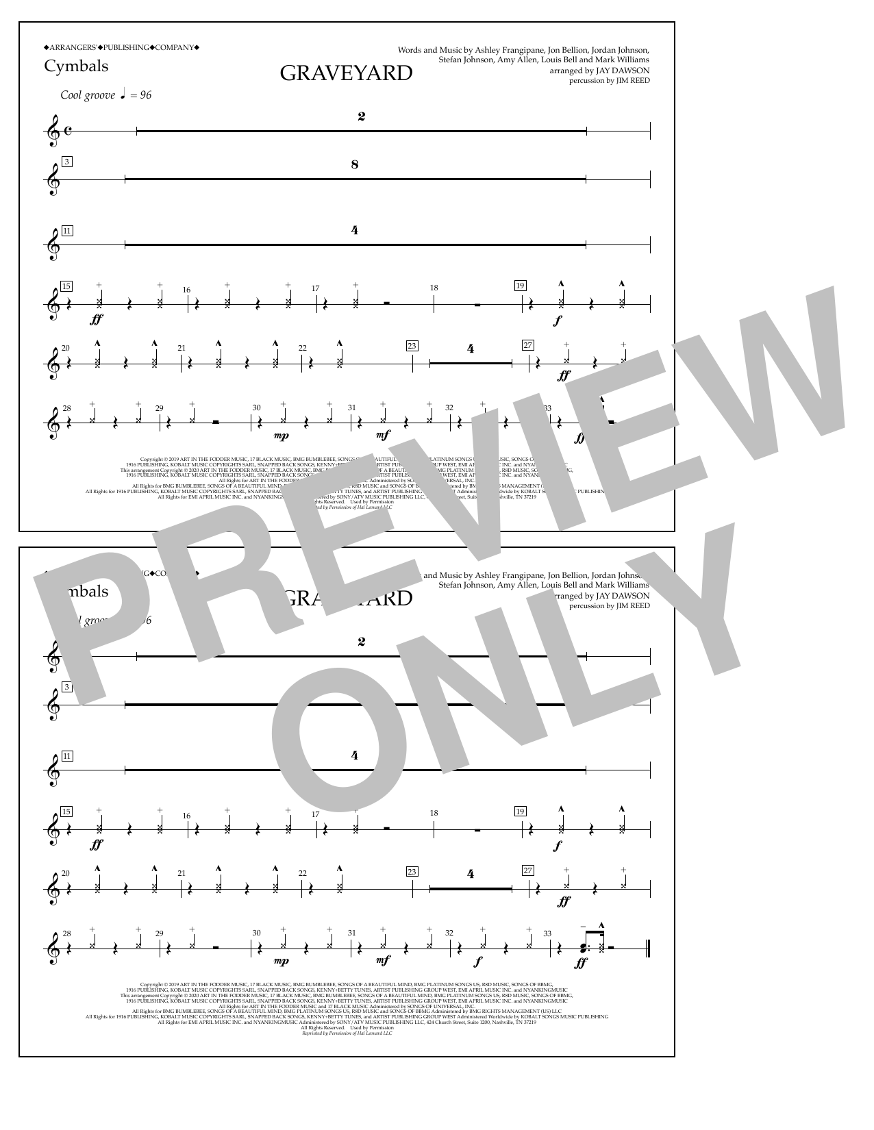 Halsey Graveyard (arr. Jay Dawson) - Cymbals Sheet Music Notes & Chords for Marching Band - Download or Print PDF