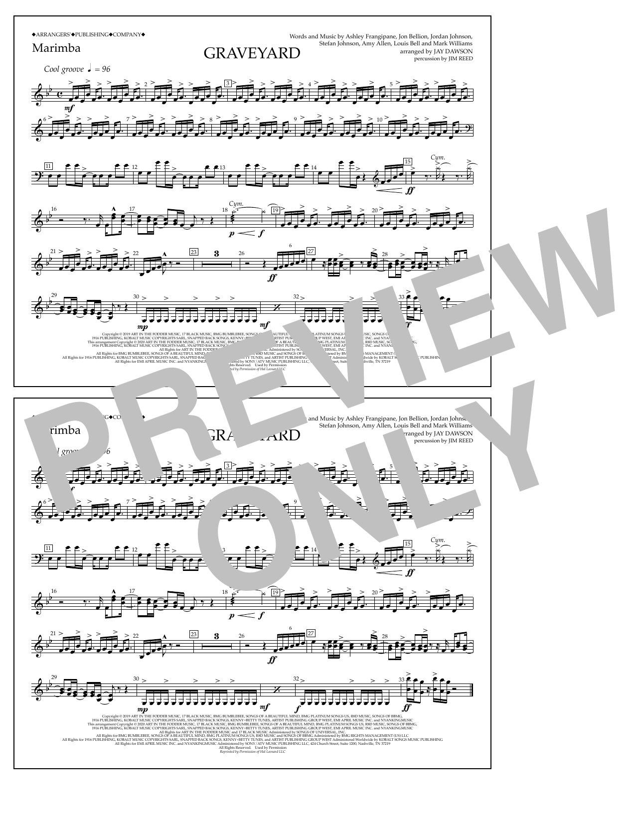 Halsey Graveyard (arr. Jay Dawson) - Marimba Sheet Music Notes & Chords for Marching Band - Download or Print PDF