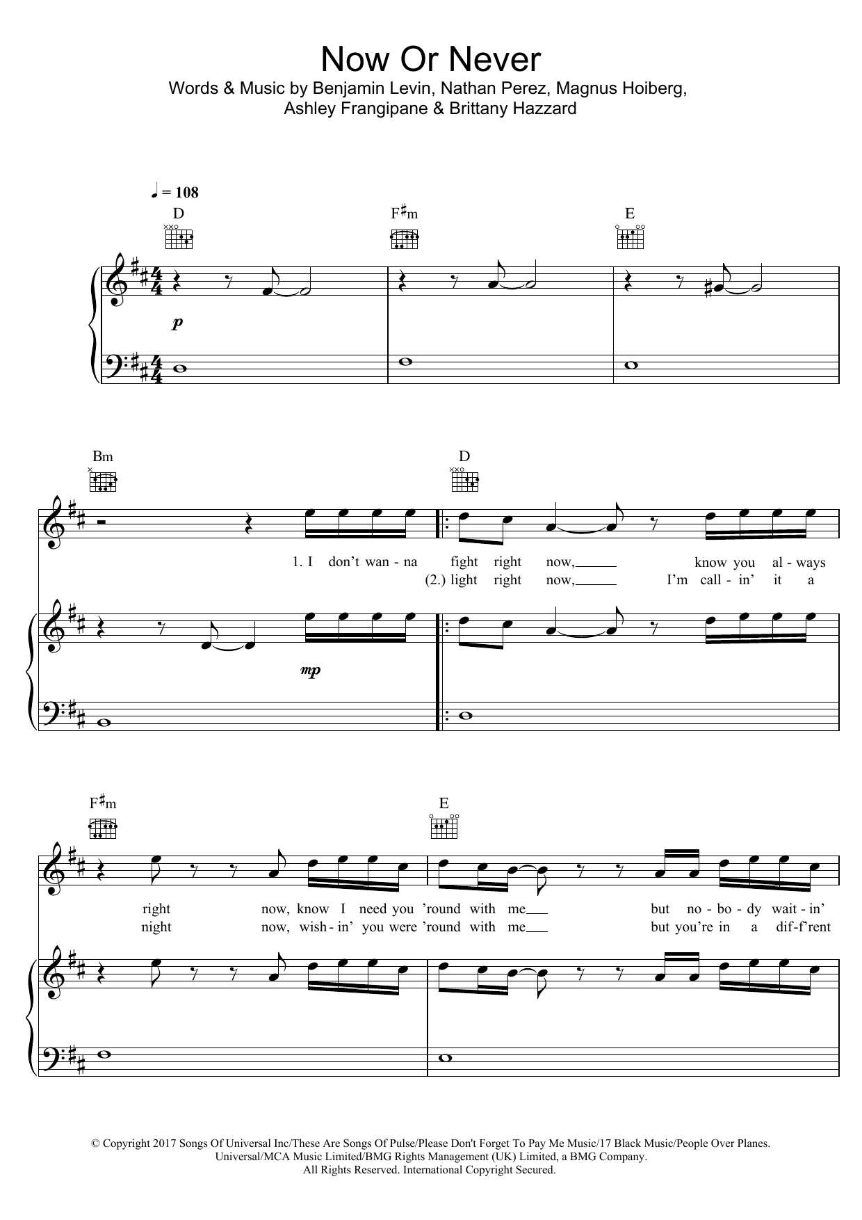 Halsey Now Or Never Sheet Music Notes & Chords for Piano, Vocal & Guitar (Right-Hand Melody) - Download or Print PDF