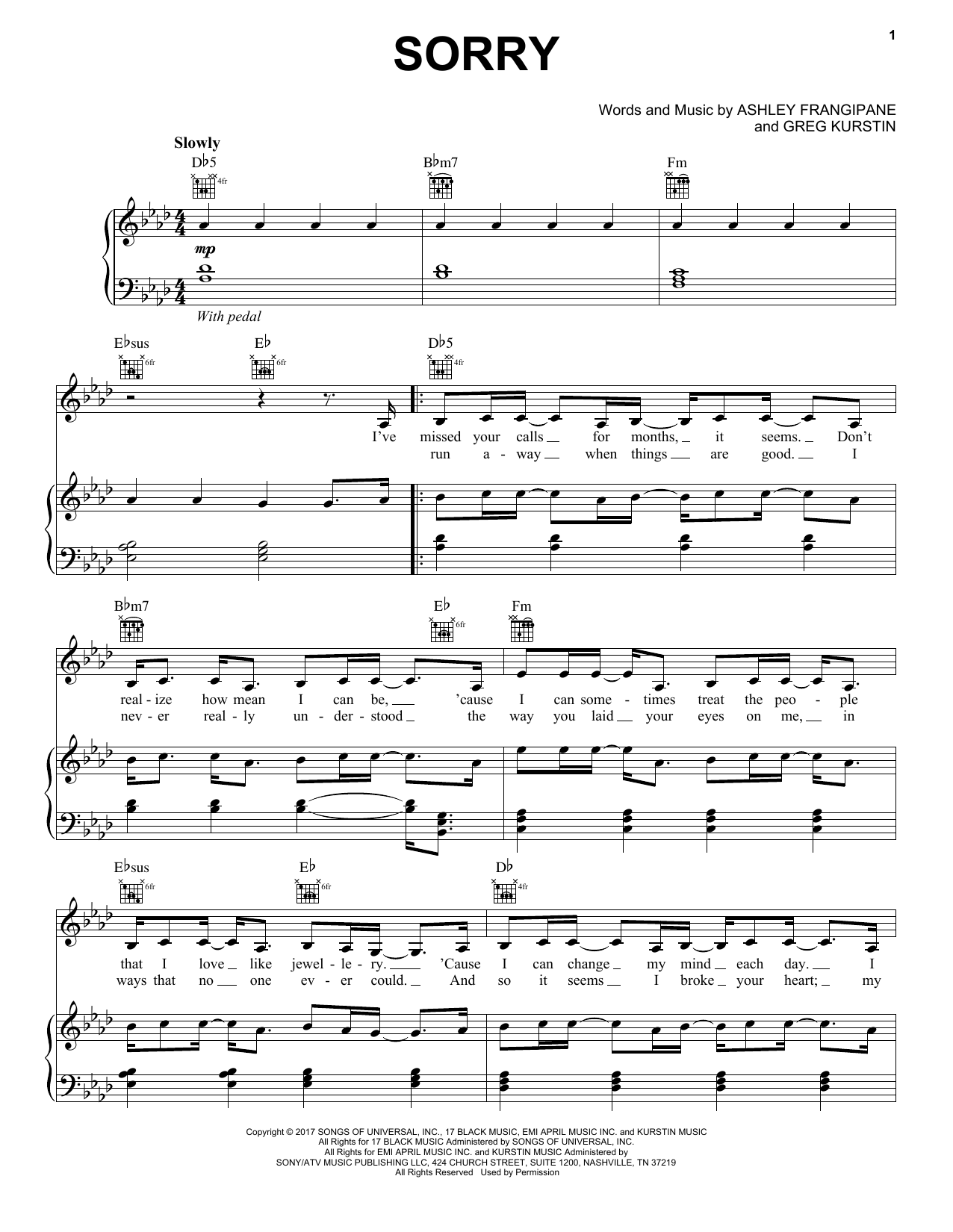 Halsey Sorry Sheet Music Notes & Chords for Piano, Vocal & Guitar (Right-Hand Melody) - Download or Print PDF