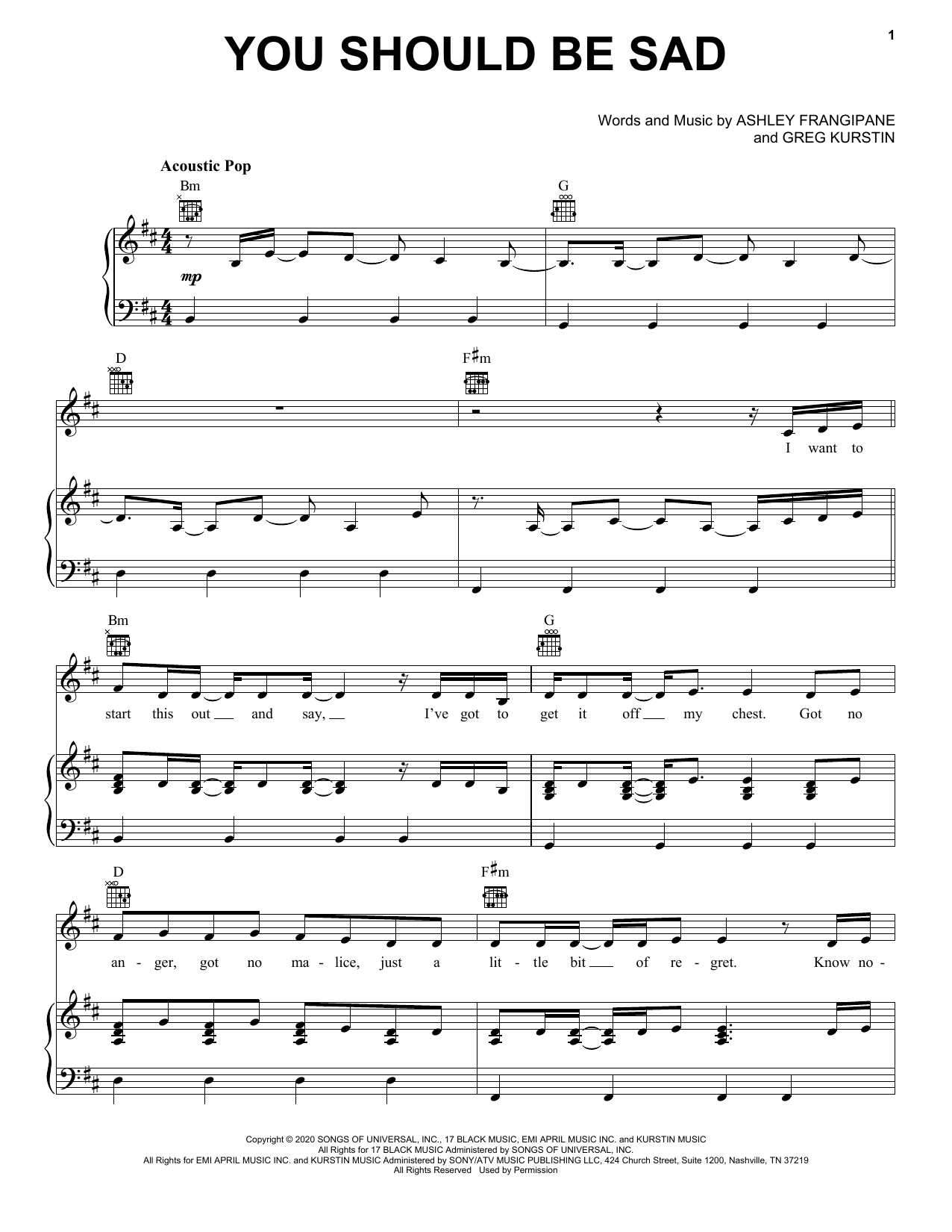 Halsey You should be sad Sheet Music Notes & Chords for Piano, Vocal & Guitar (Right-Hand Melody) - Download or Print PDF