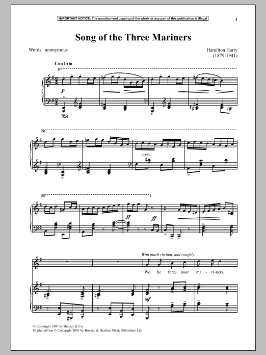 Hamilton Harty Song Of The Three Mariners Sheet Music Notes & Chords for Piano & Vocal - Download or Print PDF