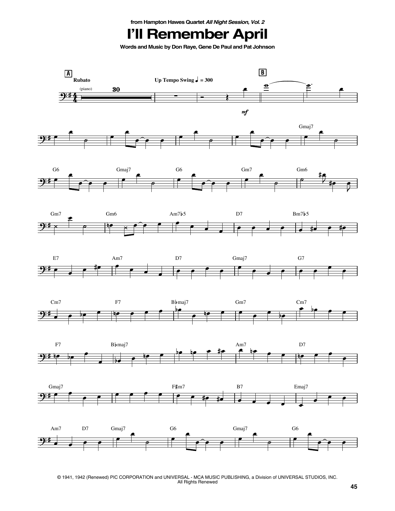 Hampton Hawes Quartet I'll Remember April Sheet Music Notes & Chords for String Bass Transcription - Download or Print PDF