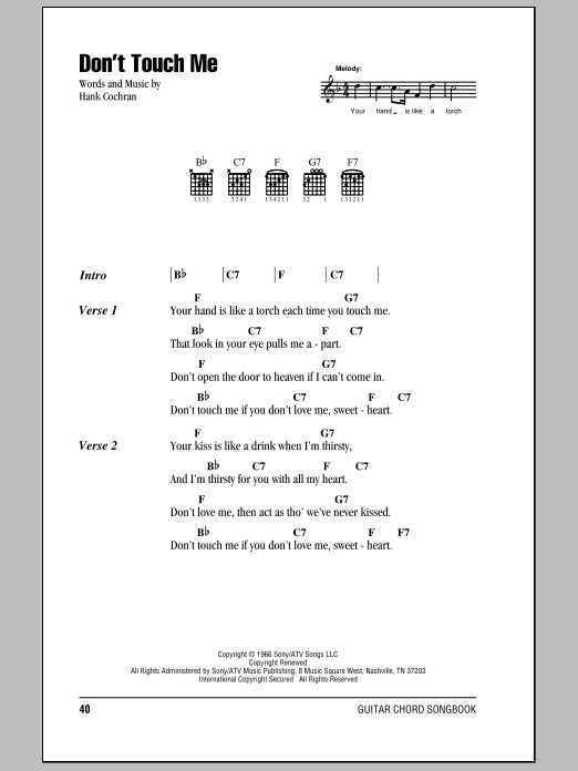 Hank Cochran Don't Touch Me Sheet Music Notes & Chords for Lyrics & Chords - Download or Print PDF