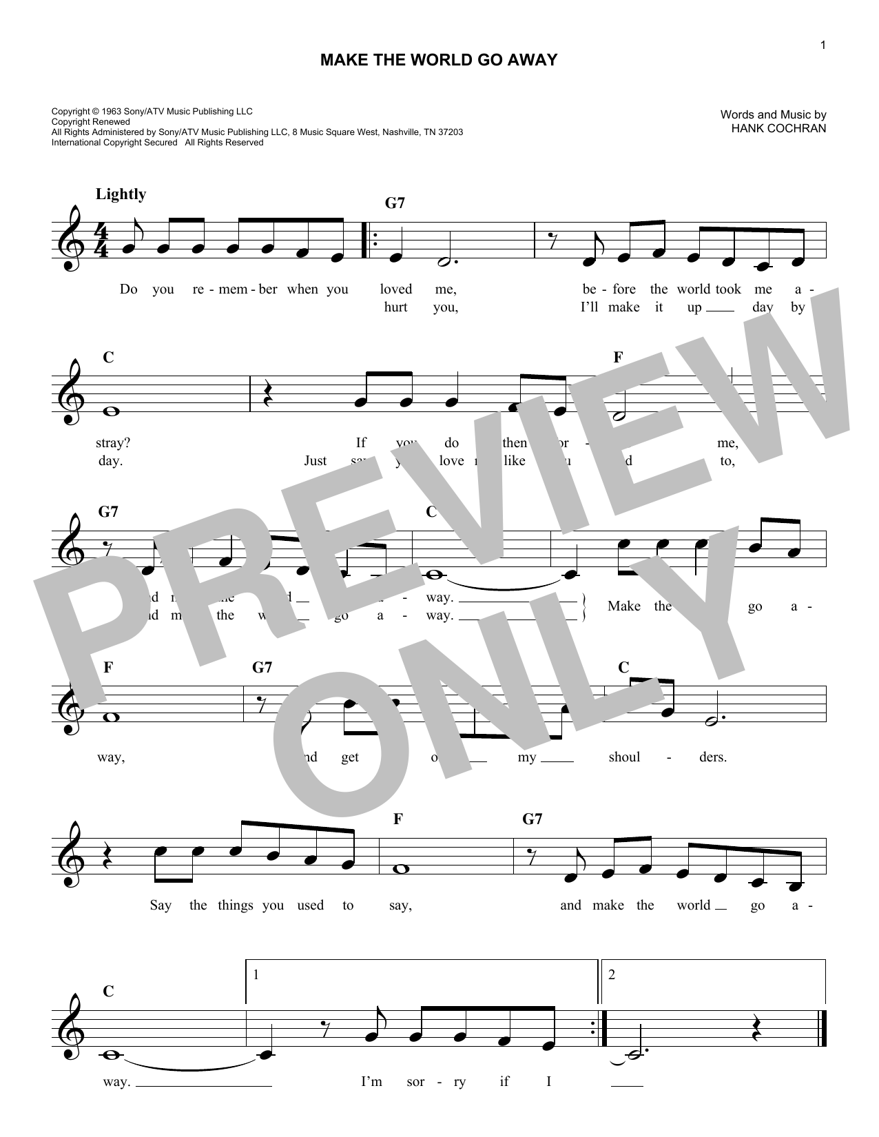 Hank Cochran Make The World Go Away Sheet Music Notes & Chords for Melody Line, Lyrics & Chords - Download or Print PDF