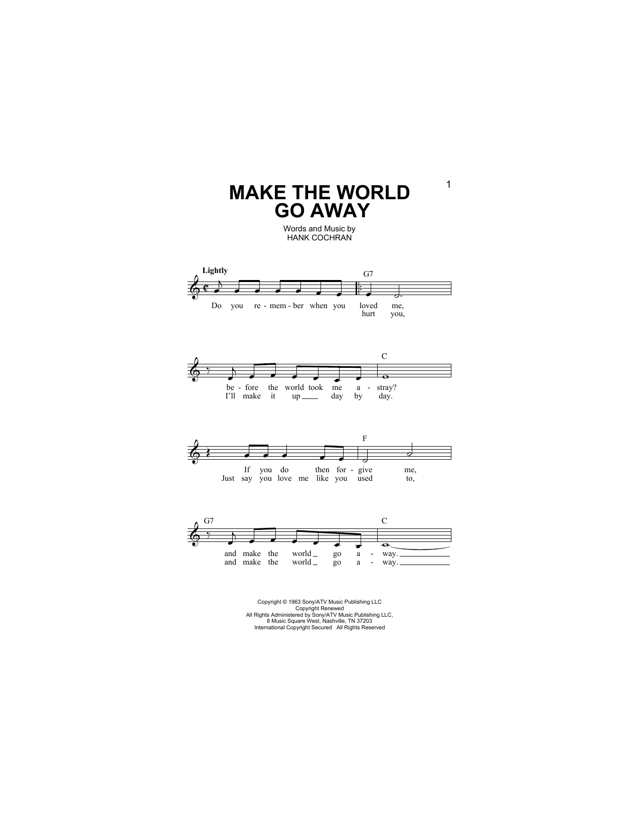 Hank Cochran Make The World Go Away Sheet Music Notes & Chords for Melody Line, Lyrics & Chords - Download or Print PDF