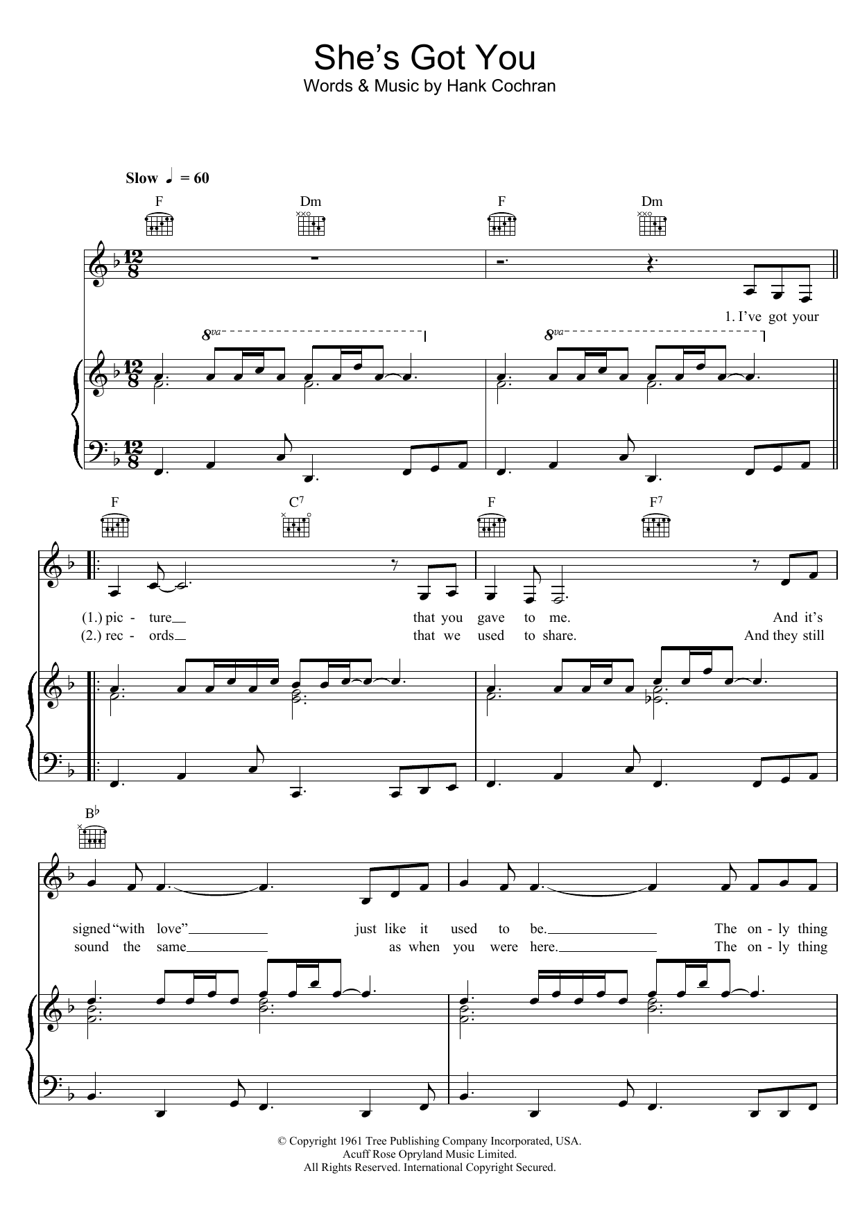 Hank Cochran She's Got You Sheet Music Notes & Chords for Piano, Vocal & Guitar - Download or Print PDF