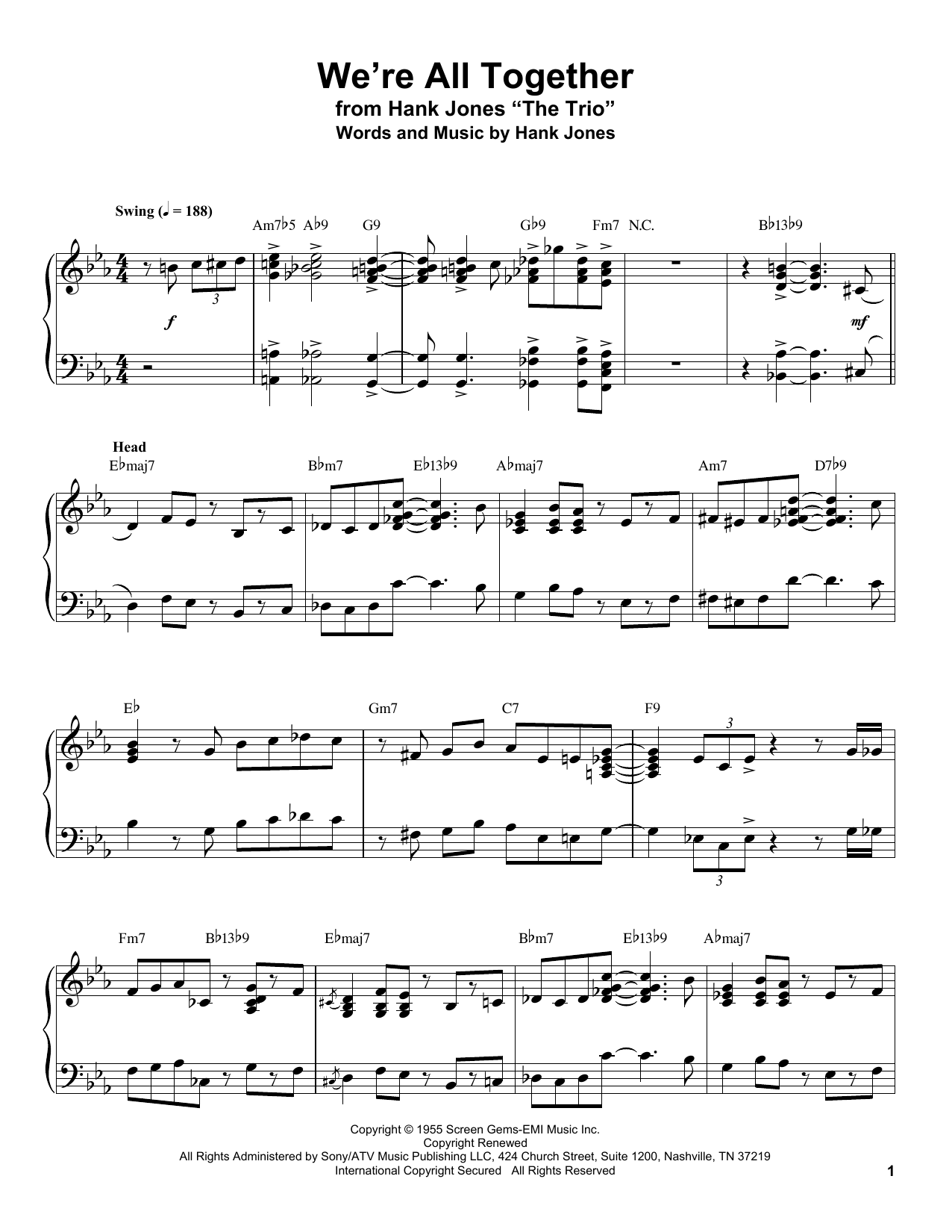 Hank Jones We're All Together Sheet Music Notes & Chords for Piano Transcription - Download or Print PDF