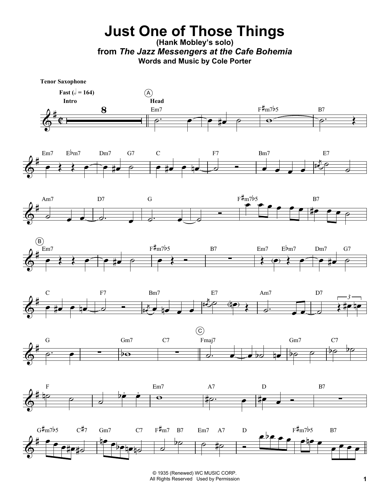 Hank Mobley Just One Of Those Things Sheet Music Notes & Chords for Tenor Sax Transcription - Download or Print PDF