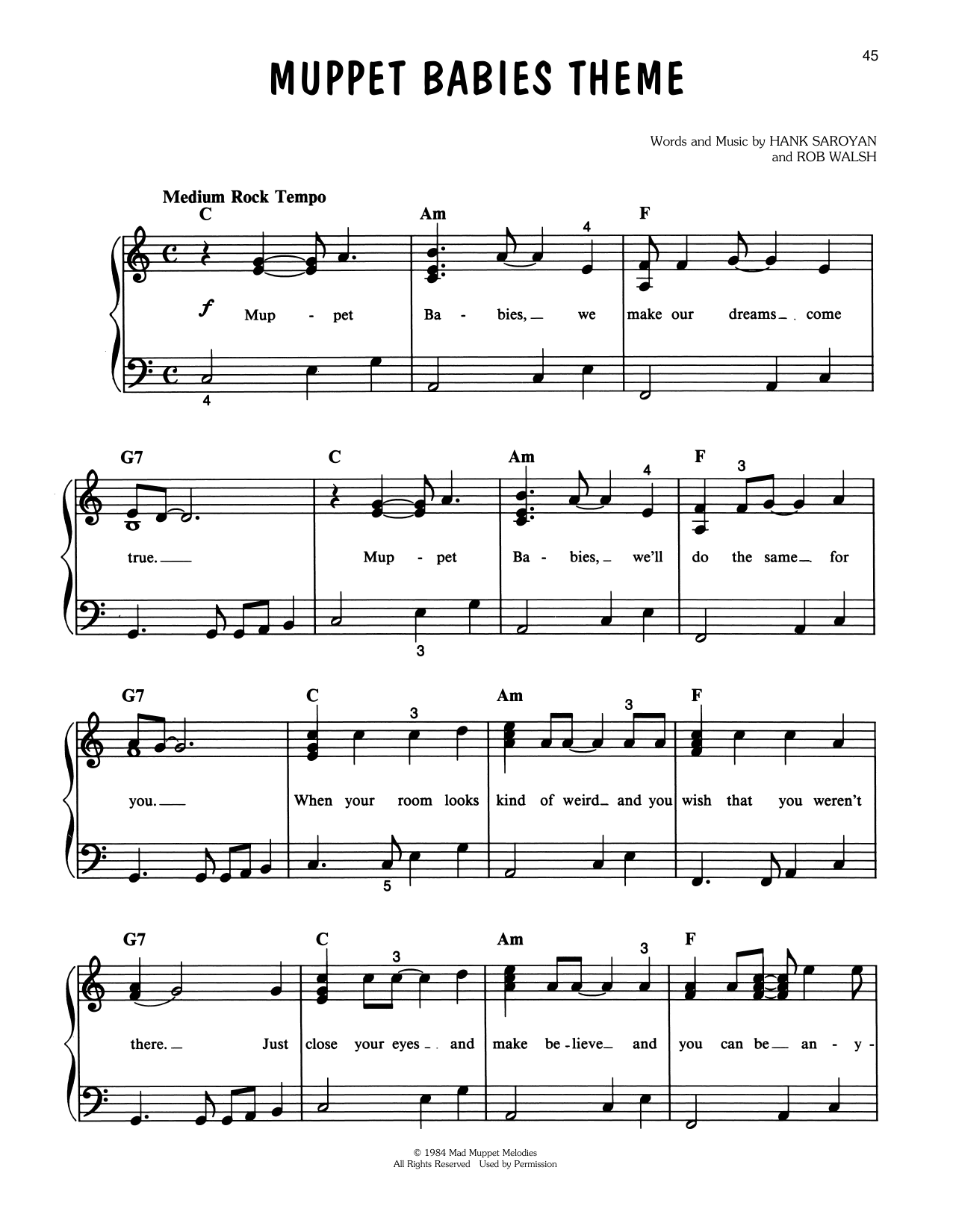 Hank Saroyan Muppet Babies Theme Sheet Music Notes & Chords for Piano, Vocal & Guitar (Right-Hand Melody) - Download or Print PDF