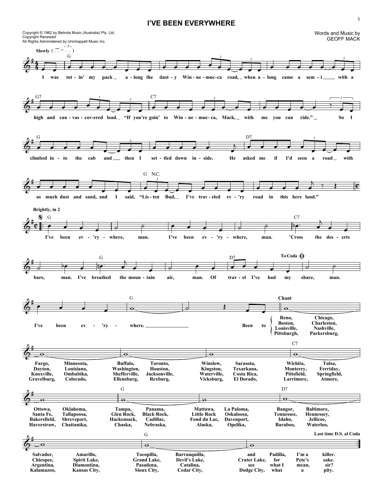 Hank Snow I've Been Everywhere Sheet Music Notes & Chords for Piano, Vocal & Guitar (Right-Hand Melody) - Download or Print PDF