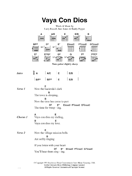 Hank Snow Vaya Con Dios Sheet Music Notes & Chords for Lyrics & Chords - Download or Print PDF