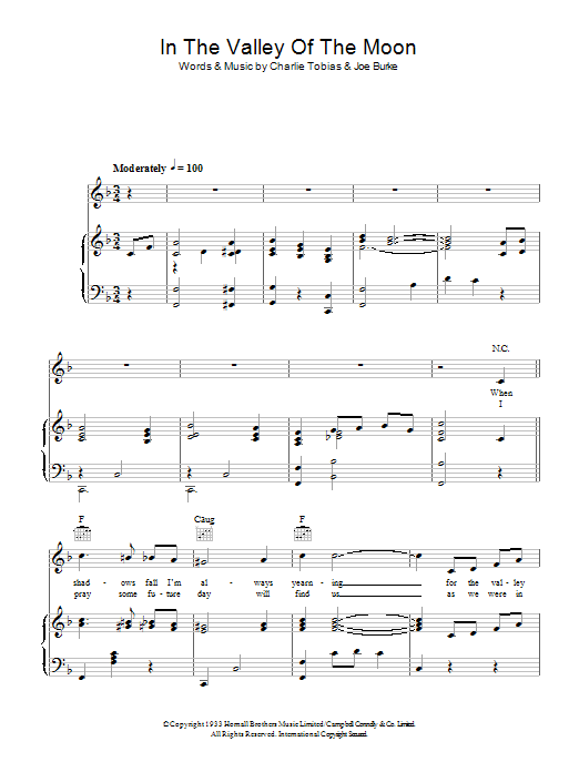 Hank Thompson In The Valley Of The Moon Sheet Music Notes & Chords for Piano, Vocal & Guitar (Right-Hand Melody) - Download or Print PDF