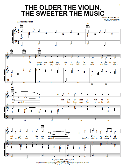 Hank Thompson The Older The Violin, The Sweeter The Music Sheet Music Notes & Chords for Piano, Vocal & Guitar (Right-Hand Melody) - Download or Print PDF
