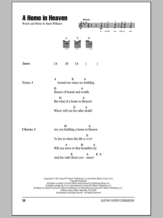 Hank Williams A Home In Heaven Sheet Music Notes & Chords for Lyrics & Chords - Download or Print PDF