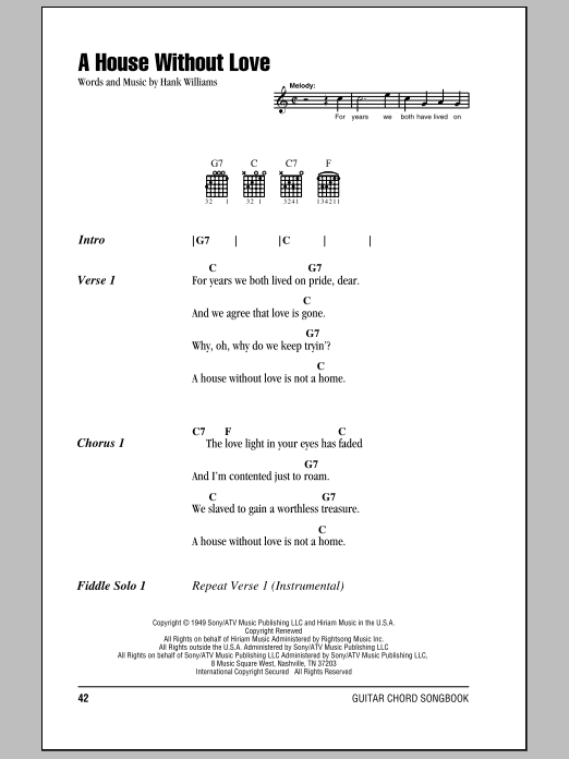 Hank Williams A House Without Love Sheet Music Notes & Chords for Lyrics & Chords - Download or Print PDF