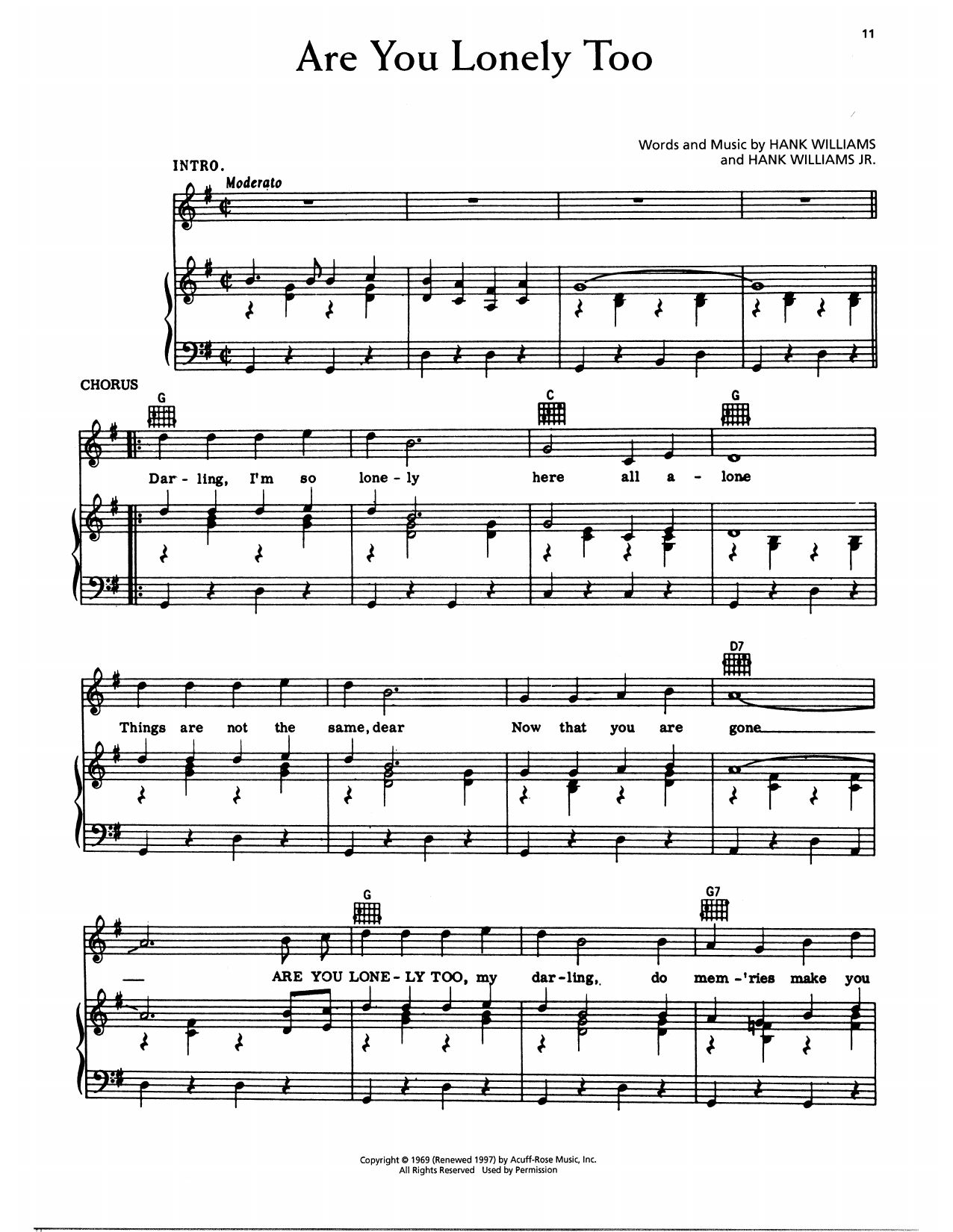 Hank Williams Are You Lonely Too Sheet Music Notes & Chords for Piano, Vocal & Guitar Chords (Right-Hand Melody) - Download or Print PDF
