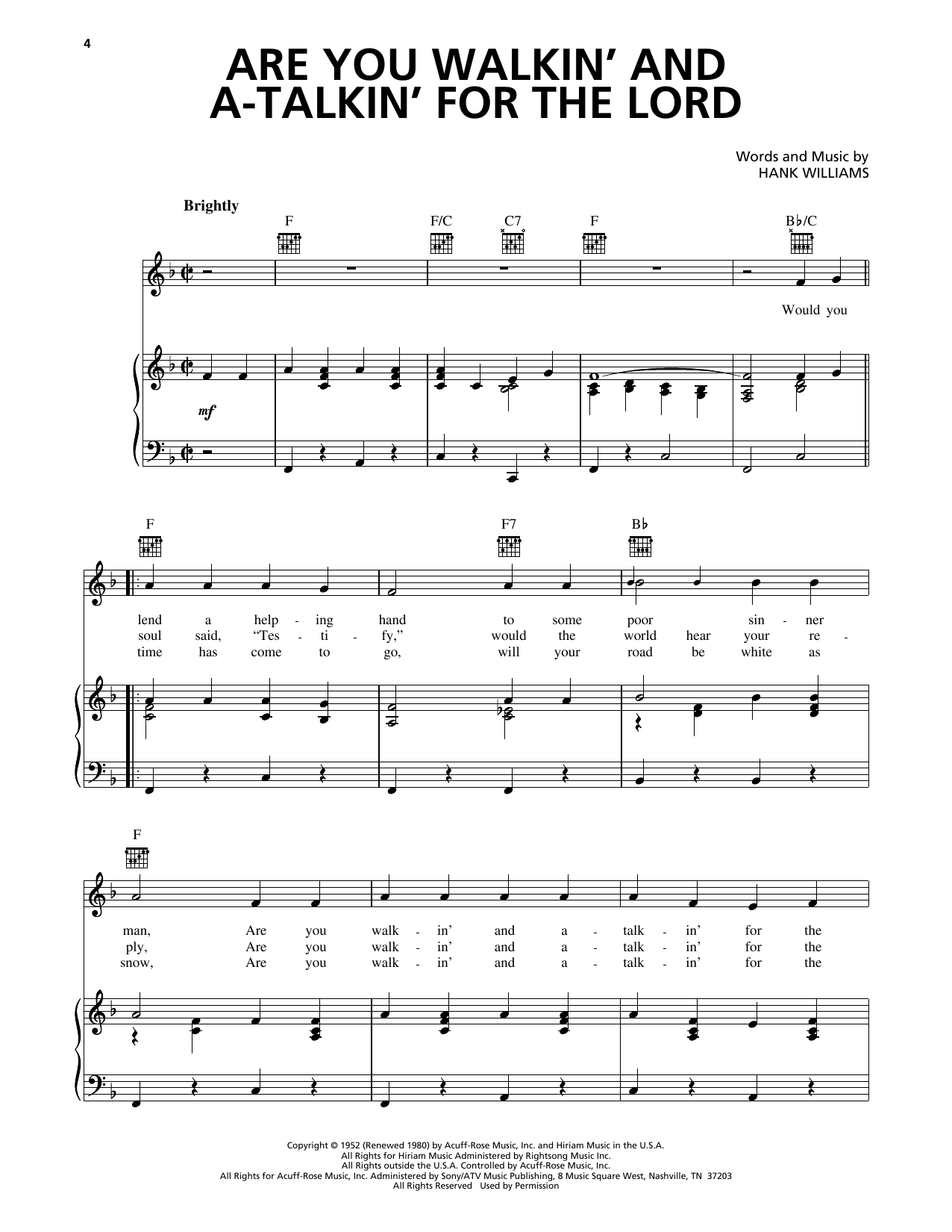 Hank Williams Are You Walkin' And A-Talkin' For The Lord Sheet Music Notes & Chords for Piano, Vocal & Guitar Chords (Right-Hand Melody) - Download or Print PDF