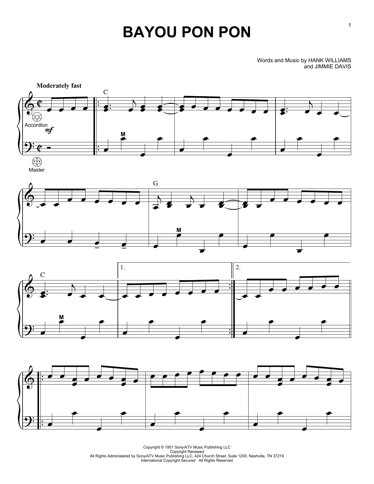 Hank Williams Bayou Pon Pon Sheet Music Notes & Chords for Accordion - Download or Print PDF