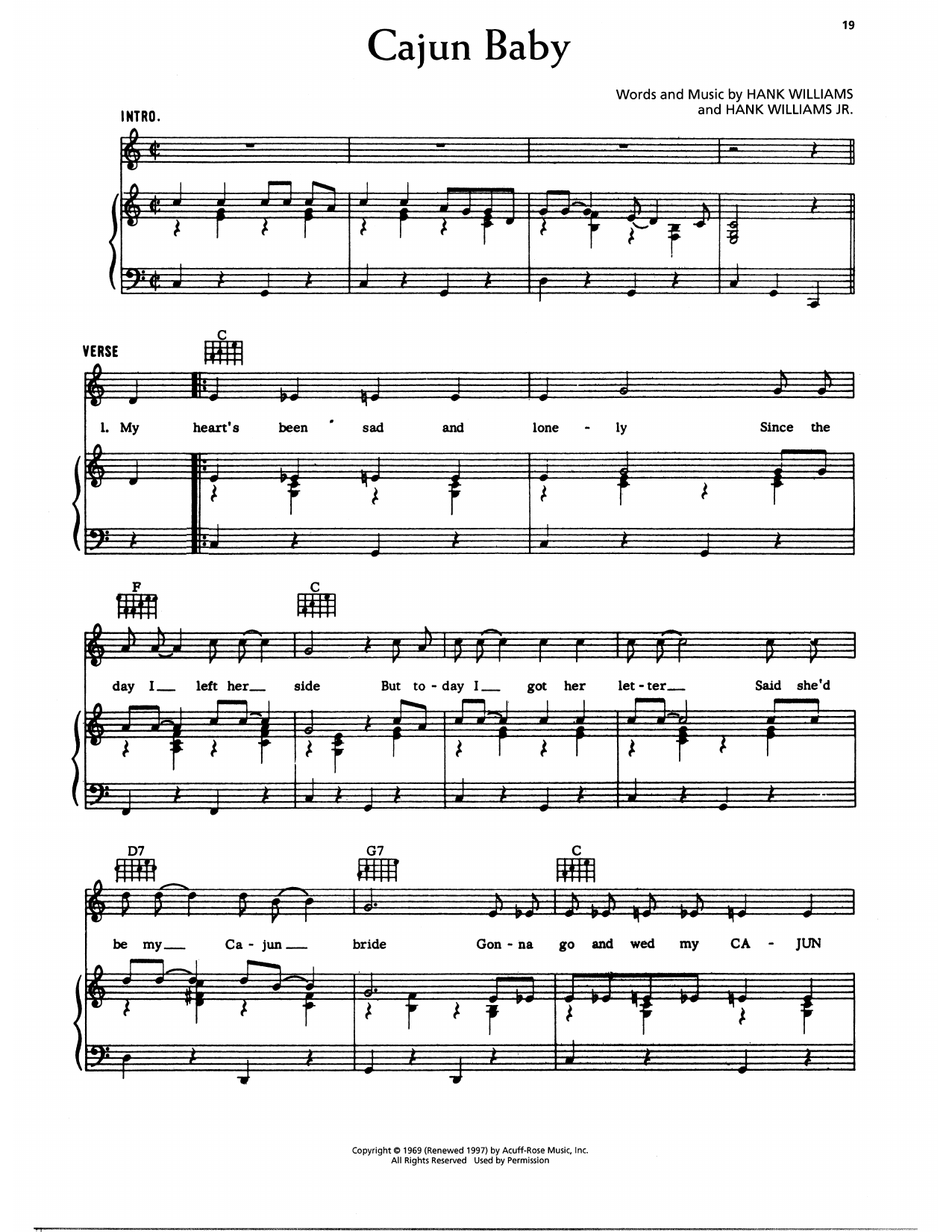 Hank Williams Cajun Baby Sheet Music Notes & Chords for Piano, Vocal & Guitar Chords (Right-Hand Melody) - Download or Print PDF