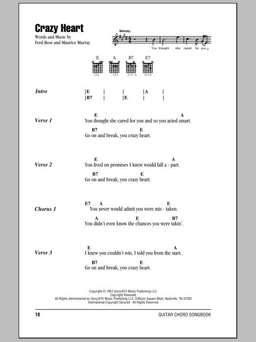 Hank Williams Crazy Heart Sheet Music Notes & Chords for Lyrics & Chords - Download or Print PDF