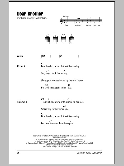 Hank Williams Dear Brother Sheet Music Notes & Chords for Lyrics & Chords - Download or Print PDF