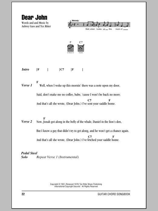 Hank Williams Dear John Sheet Music Notes & Chords for Lyrics & Chords - Download or Print PDF Hank Williams Dear John Sheet Music Notes & Chords for Lyrics & Chords - Download or Print PDF