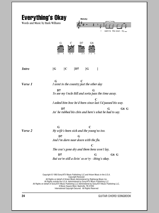 Hank Williams Everything's Okay Sheet Music Notes & Chords for Lyrics & Chords - Download or Print PDF