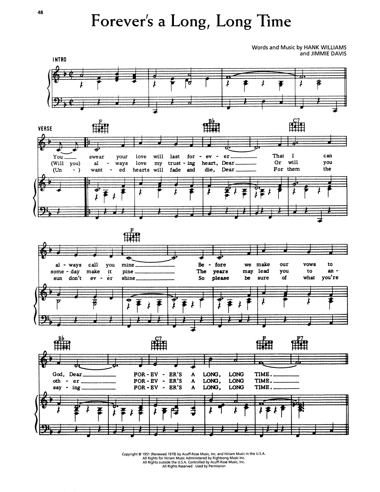 Hank Williams Forever's A Long Long Time Sheet Music Notes & Chords for Piano, Vocal & Guitar Chords (Right-Hand Melody) - Download or Print PDF