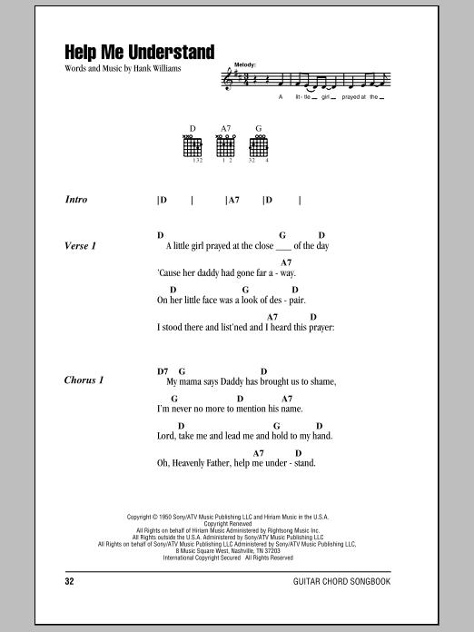 Hank Williams Help Me Understand Sheet Music Notes & Chords for Piano, Vocal & Guitar (Right-Hand Melody) - Download or Print PDF