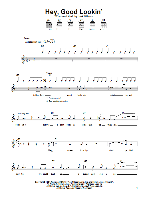 Hank Williams Hey, Good Lookin' Sheet Music Notes & Chords for Lyrics & Chords - Download or Print PDF