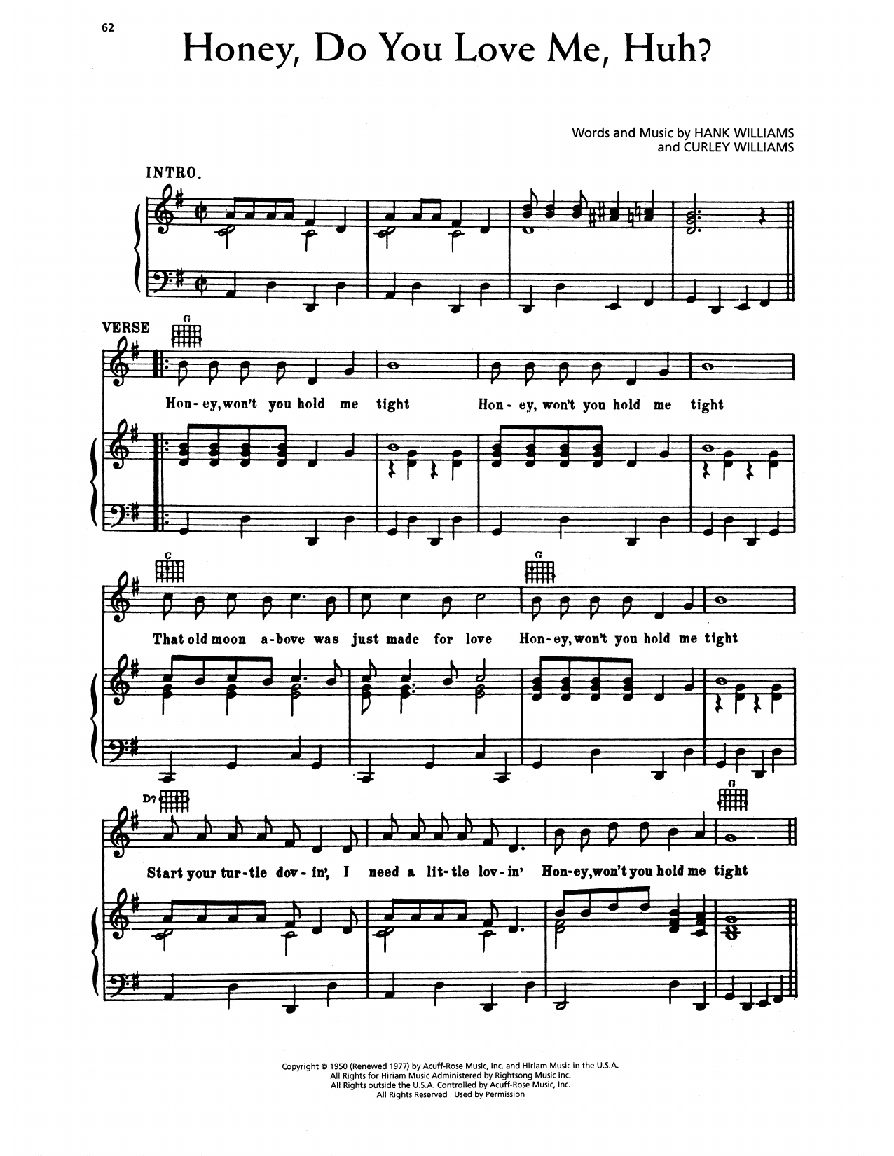 Hank Williams Honey, Do You Love Me, Huh Sheet Music Notes & Chords for Piano, Vocal & Guitar Chords (Right-Hand Melody) - Download or Print PDF