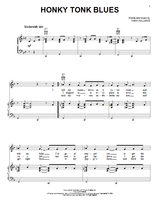 Hank Williams Honky Tonk Blues Sheet Music Notes & Chords for Piano, Vocal & Guitar (Right-Hand Melody) - Download or Print PDF