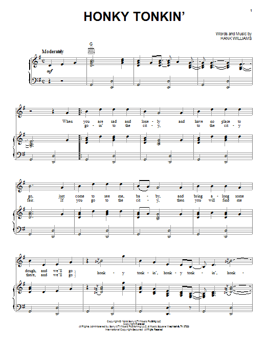 Hank Williams Honky Tonkin' Sheet Music Notes & Chords for Easy Guitar Tab - Download or Print PDF