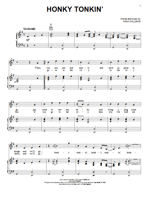 Hank Williams Honky Tonkin' Sheet Music Notes & Chords for Piano, Vocal & Guitar (Right-Hand Melody) - Download or Print PDF