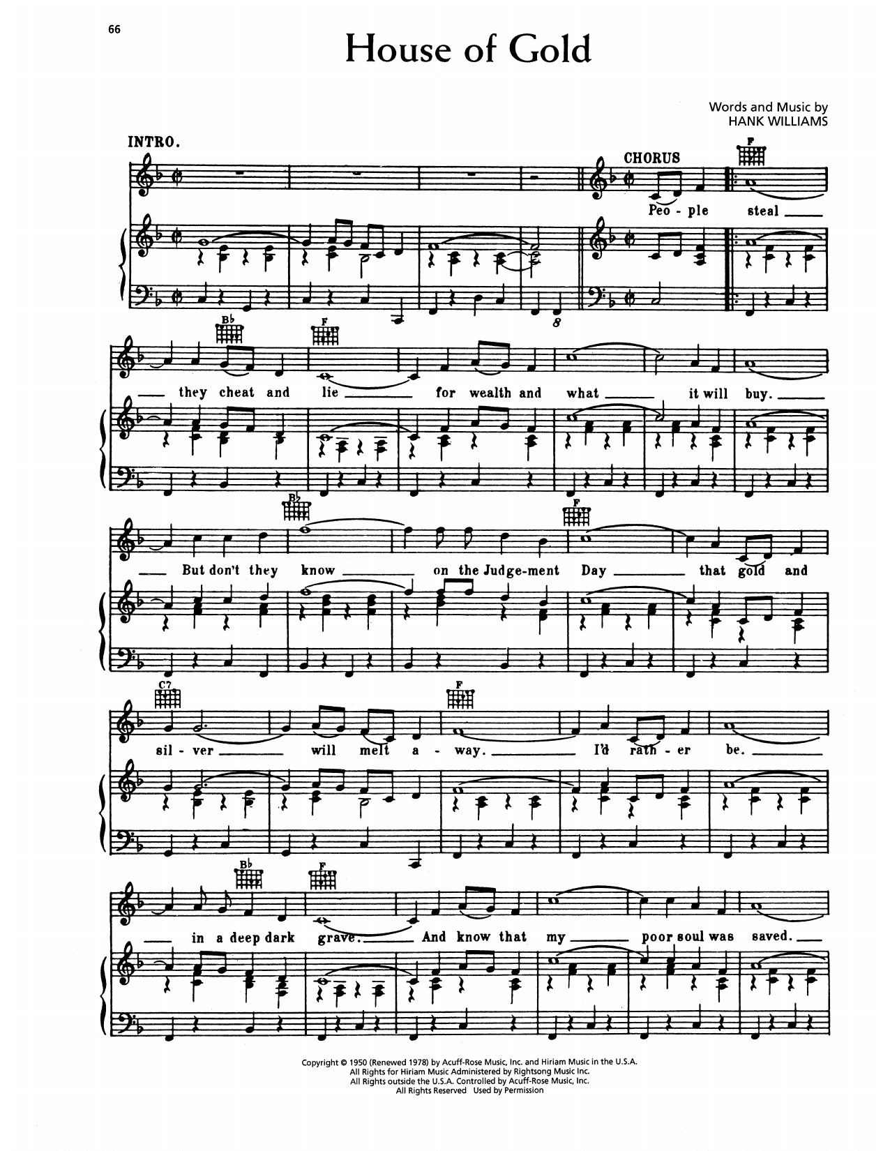 Hank Williams House Of Gold Sheet Music Notes & Chords for Piano, Vocal & Guitar Chords (Right-Hand Melody) - Download or Print PDF