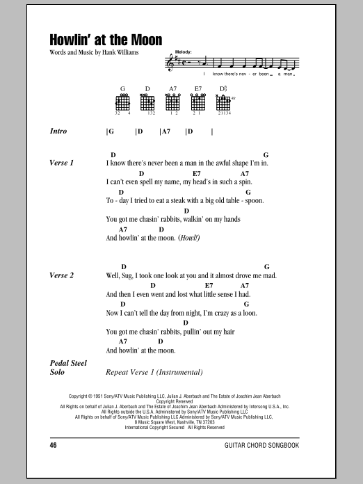 Hank Williams Howlin' At The Moon Sheet Music Notes & Chords for Lyrics & Chords - Download or Print PDF