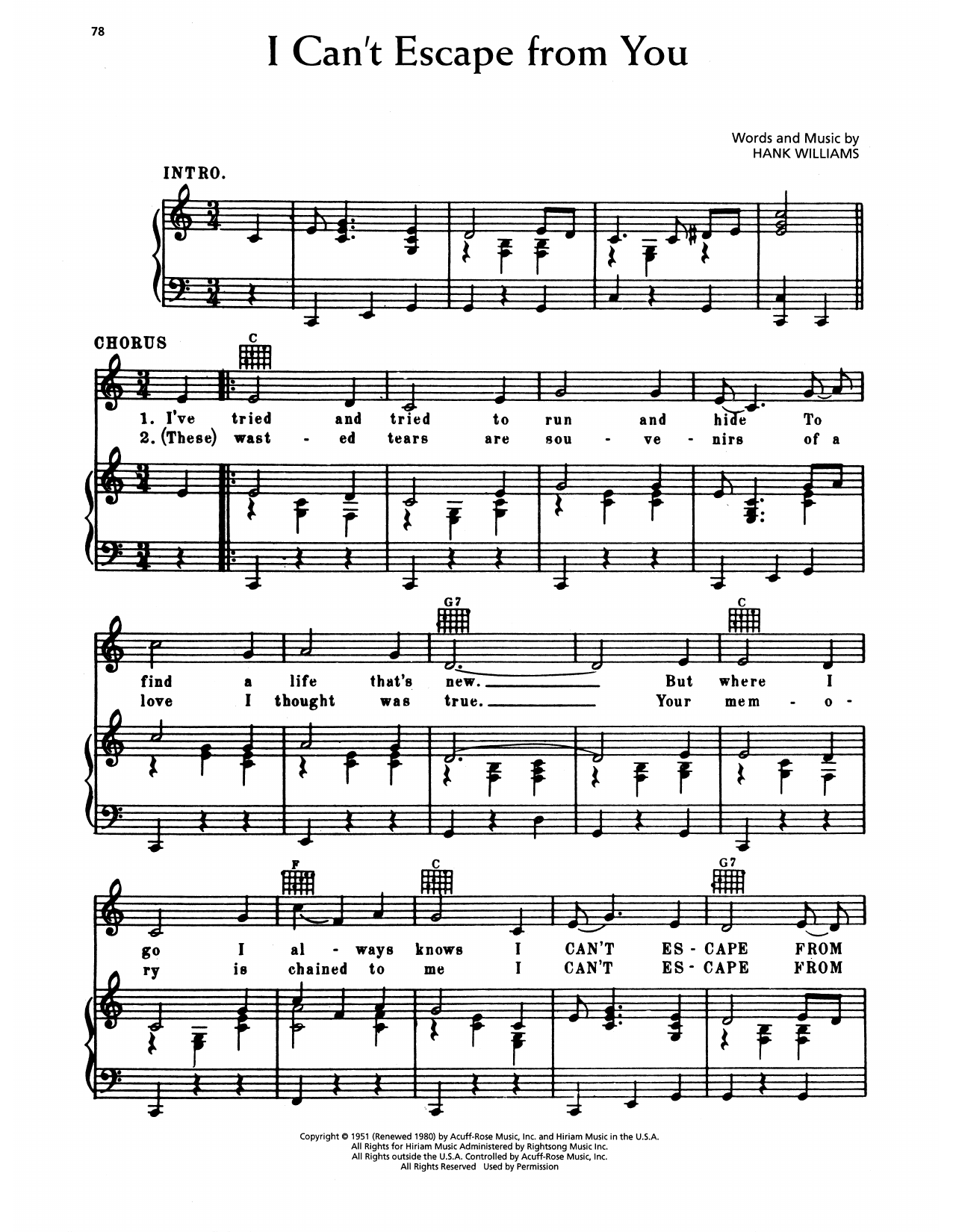 Hank Williams I Can't Escape From You Sheet Music Notes & Chords for Piano, Vocal & Guitar Chords (Right-Hand Melody) - Download or Print PDF