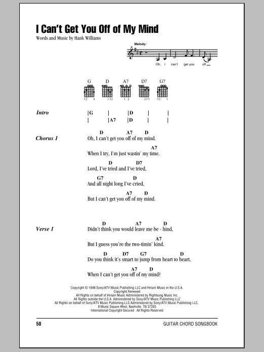 Hank Williams I Can't Get You Off Of My Mind Sheet Music Notes & Chords for Lyrics & Chords - Download or Print PDF