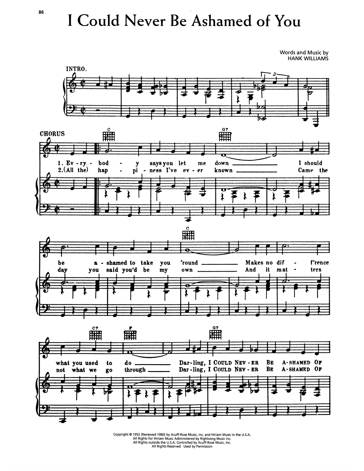 Hank Williams I Could Never Be Ashamed Of You Sheet Music Notes & Chords for Piano, Vocal & Guitar Chords (Right-Hand Melody) - Download or Print PDF