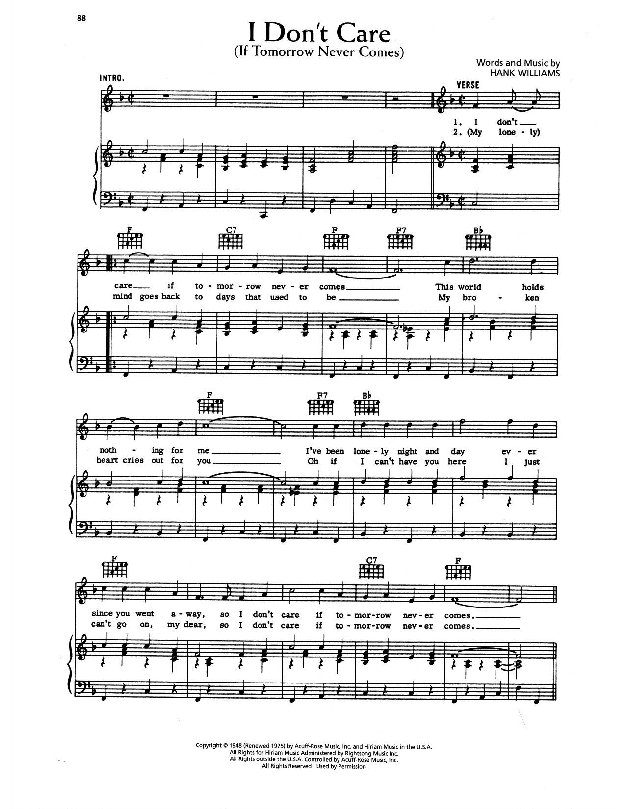 Hank Williams I Don't Care (If Tomorrow Never Comes) Sheet Music Notes & Chords for Piano, Vocal & Guitar Chords (Right-Hand Melody) - Download or Print PDF