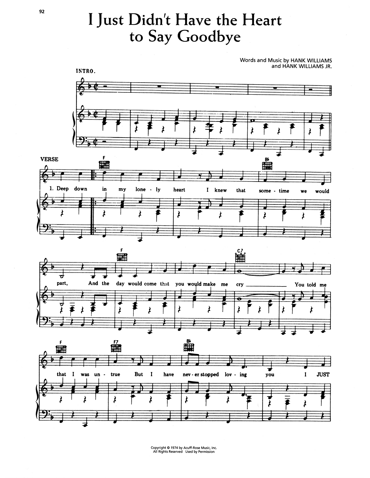 Hank Williams I Just Didn't Have The Heart To Say Goodbye Sheet Music Notes & Chords for Piano, Vocal & Guitar Chords (Right-Hand Melody) - Download or Print PDF