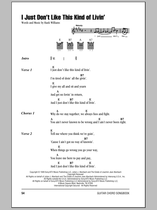 Hank Williams I Just Don't Like This Kind Of Livin' Sheet Music Notes & Chords for Lyrics & Chords - Download or Print PDF