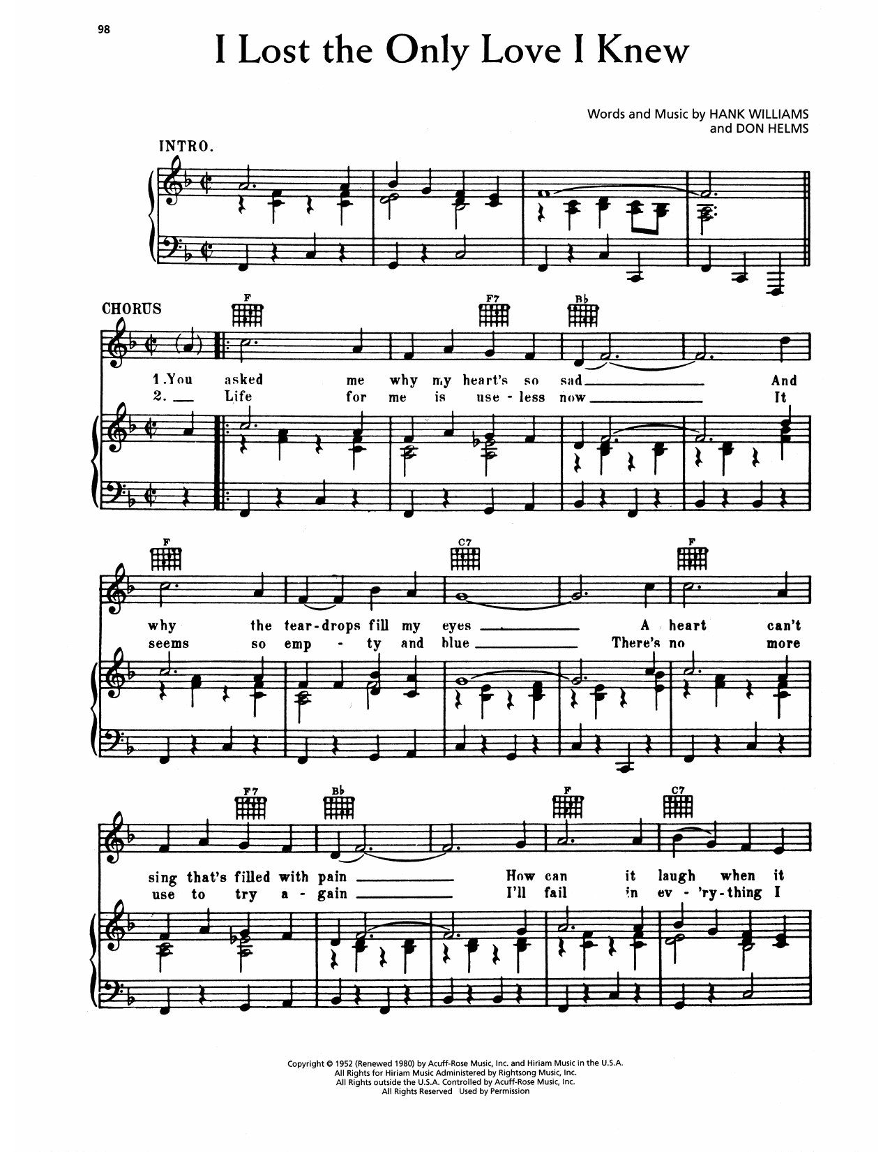Hank Williams I Lost The Only Love I Knew Sheet Music Notes & Chords for Piano, Vocal & Guitar Chords (Right-Hand Melody) - Download or Print PDF